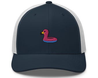 ピンクフラミンゴフロート刺繍トラッカーハット：メッシュバックのレトロな構造キャップ