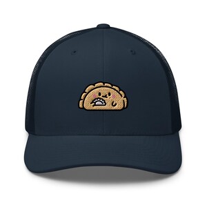 Cute Dumpling Eating a Dumpling Embroidered Retro Trucker Hat - Structured with Mesh Back in Variety of Colors - Fun Foodie Art