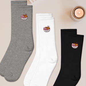 Cute Ramen Embroidered Socks, Gift Socks, Cushioned Cotton Blend, Made in USA, Funny Socks for Her or Him