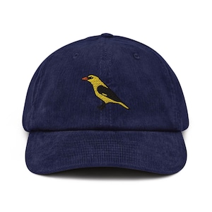 Eurasischer goldener Pirol-Vogel bestickter Baumwoll-Cord-Hut: Verstellbare Passform