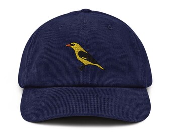 Eurasian Golden Oriole Bird Embroidered Cotton Corduroy Hat: Adjustable Fit