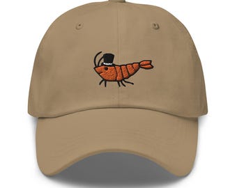 Shrimp with Top Hat Embroidered Dad Cap: Chino Cotton Twill Adjustable Unisex Hat