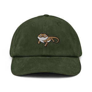 Bearded Dragon Lizard Embroidered Cotton Corduroy Hat: Adjustable Fit