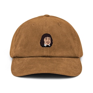 Cappello in velluto a coste ricamato con motivo a cartoni animati René Descartes - Velluto a coste 100% cotone in una varietà di colori, essenziale per il guardaroba, design Philosopher illimitato