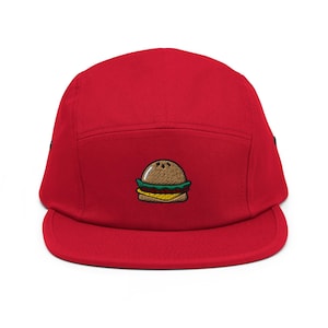 Mini Burger Embroidered 5‑Panel Cotton Camper Cap: Adjustable Fit