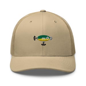 Cappello da camionista con esca da pesca ricamata: berretto retrò strutturato con retro in rete