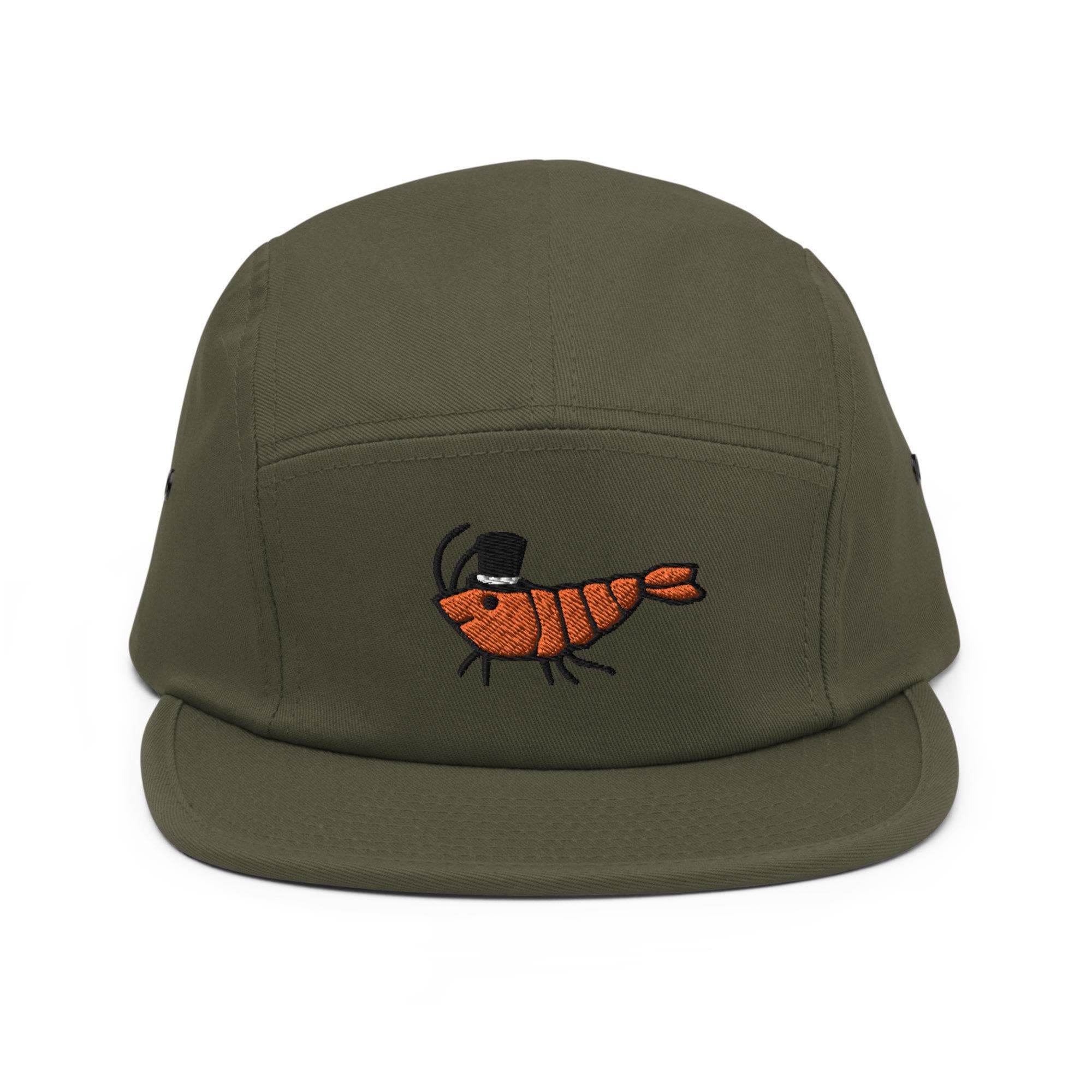 Shrimp with Top Hat Embroidered 5-Panel Cotton Camper Cap: Adjustable Fit