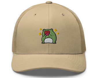 Excited Frog Embroidered Retro Trucker Hat - Structured with Mesh Back in Variety of Colors