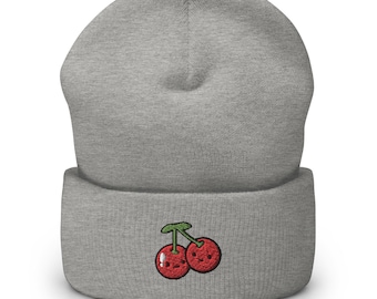 Kawaii Cherry Embroidered Cuffed Beanie: Cozy Unisex Winter Cap