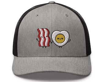 Bacon & Egg Friends Embroidered Trucker Hat: Structured Retro Cap with Mesh Back