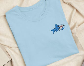 Friendly Hammerhead Shark Embroidered T-Shirt: Lightweight Cotton, Unisex Fit