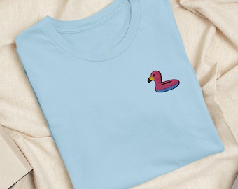 Pink Flamingo Floatie Embroidered T-Shirt: Lightweight Cotton, Unisex Fit