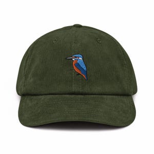 Gorro de pana de algodón bordado con pájaro Martín Pescador: Ajuste ajustable