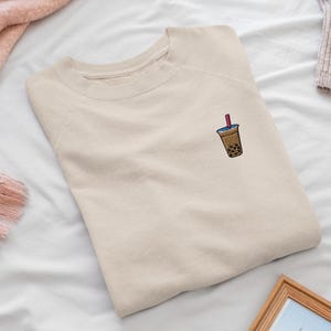 Boba Milk Tea Drink Extra Sweet Pls Embroidered Crewneck Sweatshirt: Cotton Blend, Unisex Fit