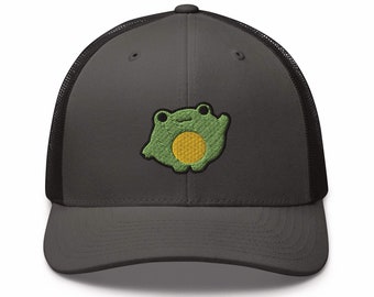 Chonky Cartoon Frog Embroidered Retro Trucker Hat - Structured with Mesh Back in Variety of Colors