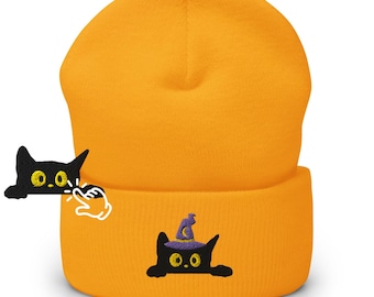 Black Wizard Cat Embroidered Cuffed Beanie: Cozy Unisex Winter Cap