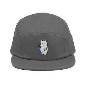 Morning Brew Bear Embroidered 5 Panel Camper Cap - Pure Cotton Comfortable Fit in Variety of Colors