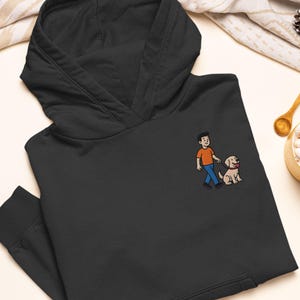 Man Walking Dog Embroidered Heavy Blend Hoodie - Stylish Soft Cotton - Variety of Colors Unlimited - Cute Gift for Dog Lovers