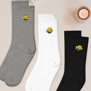 Cute Bee Embroidered Socks, Gift Socks, Cushioned Cotton Blend, Made in USA, Funny Socks for Her or Him