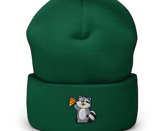 Pizza Raccoon Embroidered Cuffed Beanie - Warm and Stylish Headwear in Variety of Colors