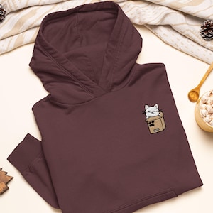 Cute Cat in a Box Embroidered Heavy Blend Hoodie - Stylish Soft Cotton - Variety of Colors - Playful Kitten Design