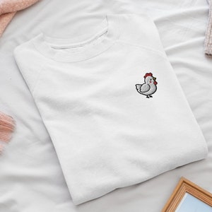 Sweat-shirt à col rond brodé petit coq blanc - Coton doux - Différentes couleurs