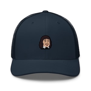 Cappello da camionista retrò ricamato con motivo René Descartes dei cartoni animati - Strutturato con parte posteriore in rete in una varietà di colori illimitati - Philosopher Design