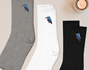 Kingfisher Embroidered Socks: Cushioned Cotton Blend, Made in USA