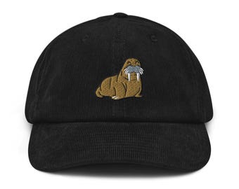 Happy Walrus Embroidered Cotton Corduroy Hat: Adjustable Fit