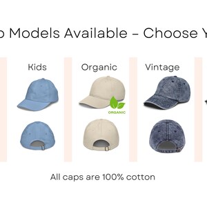 a collection of 5 cap models available, each with a different color and style, along with a description of each cap type.
