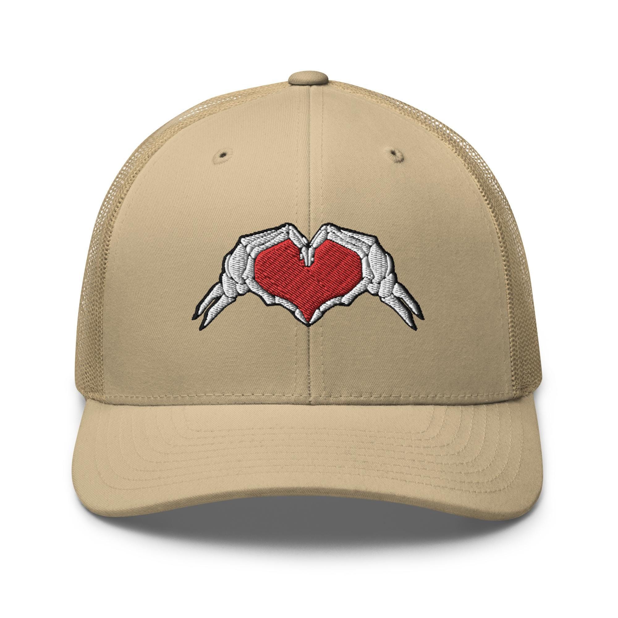 Skeleton Heart Hands Embroidered Trucker Hat: Structured 