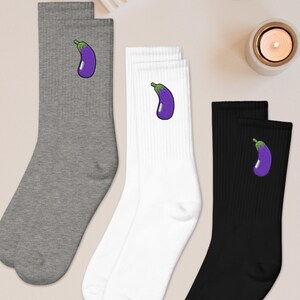 Eggplant Embroidered Socks, Gift Socks, Cushioned Cotton Blend, Made in USA, Funny Socks for Her or Him