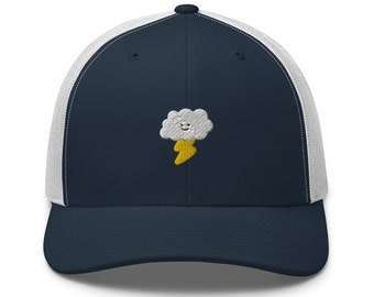 Kawaii Lightning Cloud Embroidered Retro Trucker Hat - Structured with Mesh Back in Variety of Colors