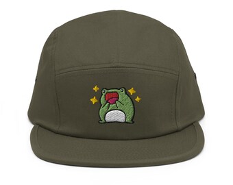 Excited Frog Embroidered 5‑Panel Cotton Camper Cap: Adjustable Fit