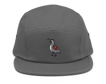 Gambel&#39;s Quail Embroidered 5‑Panel Cotton Camper Cap: Adjustable Fit