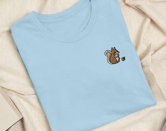 Squirrel with Precious Acorn Embroidered T-Shirt: Lightweight Cotton, Unisex Fit