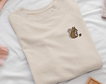 Squirrel with Precious Acorn Embroidered Crewneck Sweatshirt: Cotton Blend, Unisex Fit