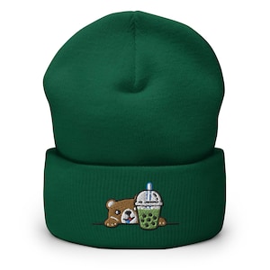Boba Loving Bear Embroidered Cuffed Beanie - Warm and Stylish Headwear in Variety of Colors