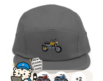 Chimp Mini Japanese Motorcycle Embroidered 5-Panel Cotton Camper Cap: Adjustable Fit & Designs