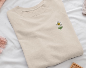 Rundkragetröja med broderad blommig leende prästkrage: Bomullsblandning, unisex passform