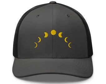 Moon Phase Embroidered Retro Trucker Hat - Structured with Mesh Back in Variety of Colors