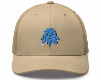 Smiling Plush Octopus Embroidered Retro Trucker Hat - Structured with Mesh Back in Variety of Colors