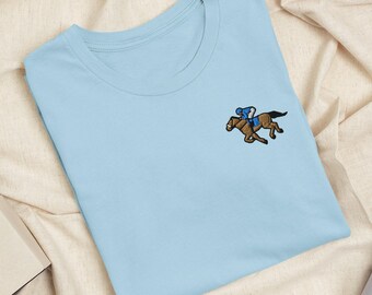 Horse Racing Embroidered T-Shirt: Lightweight Cotton, Unisex Fit