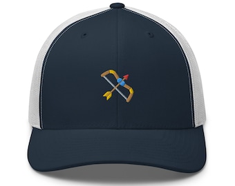 Archery Bow and Arrow Embroidered Retro Trucker Hat - Structured with Mesh Back in Variety of Colors