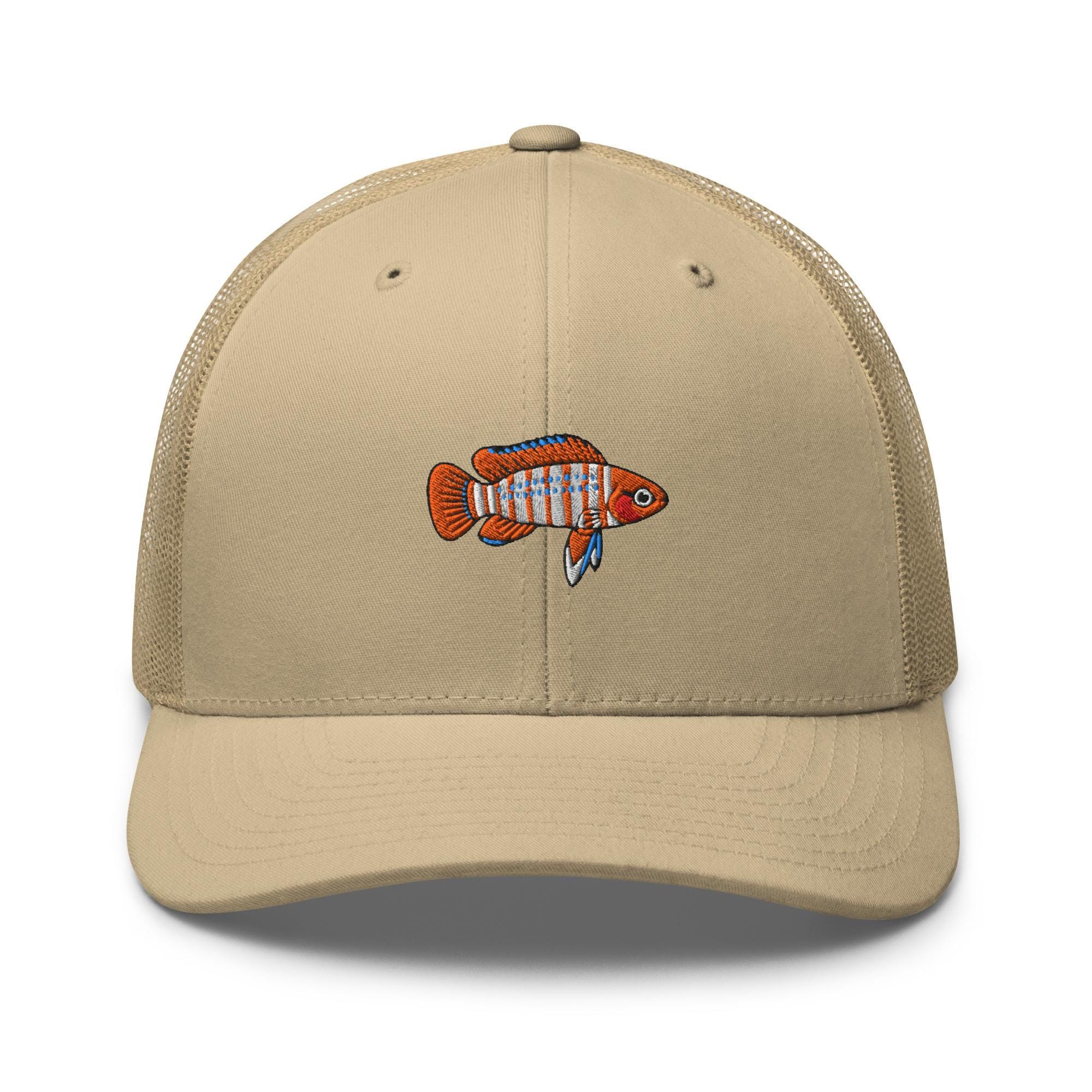 Scarlet Badis Embroidered Trucker Hat: Structured Retro Cap With