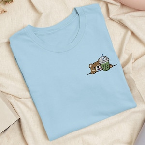 Boba Loving Bear Embroidered T-Shirt with Comfortable Stretch - Soft, Lightweight, Variety of Colors