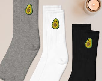 Avocado Face Embroidered Socks: Cushioned Cotton Blend, Made in USA
