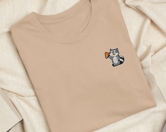 Pizza Raccoon Embroidered T-Shirt: Lightweight Cotton, Unisex Fit
