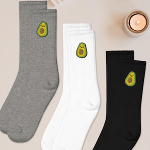 Avocado Face Embroidered Socks, Gift Socks, Cushioned Cotton Blend, Made in USA, Funny Socks for Her or Him