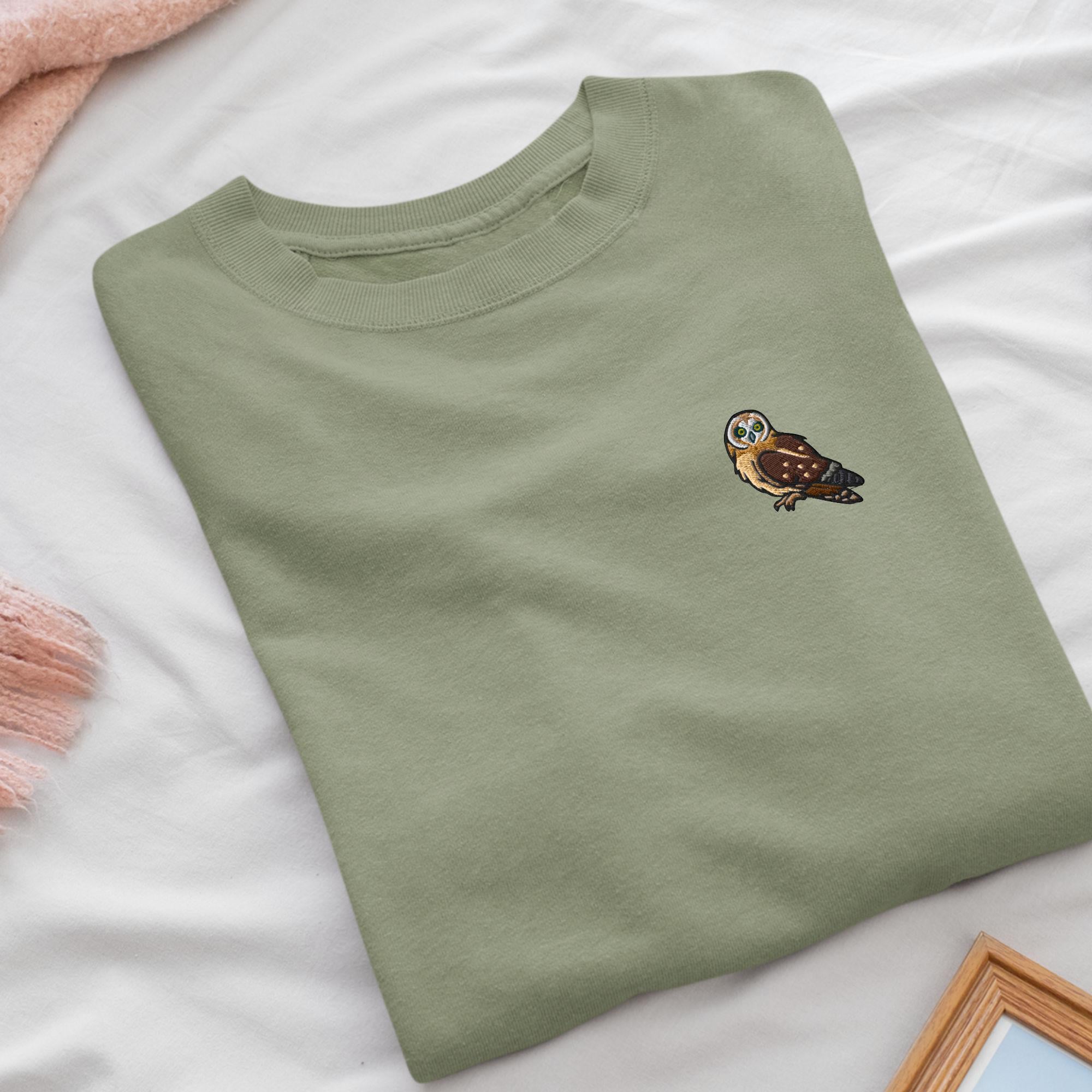 Short-eared Owl Embroidered Crewneck Sweatshirt: Cotton Blend, Unisex Fit